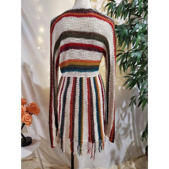 Boston Proper Wool Blend Fringe Stripe Long Cardigan Sweater Womens Size XS Boho - Picture 2 of 11